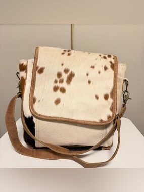 Myra Distressed Leather Hair On Cowhide Hand Tooled Shoulder Strap Western